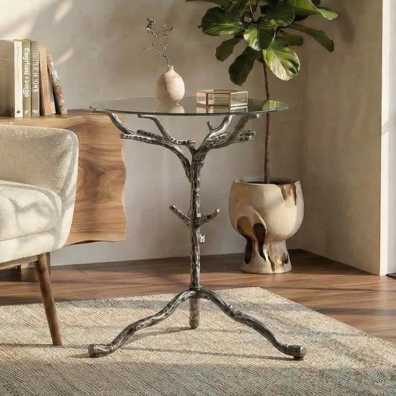 Round Glass End Table with Branch Style Metal Base Modern Tree Design Side Table for Living Room Bedroom Accent Table Gold or Silver Finish