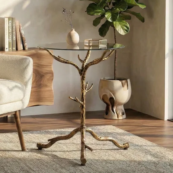Round Glass End Table with Branch Style Metal Base Modern Tree Design Side Table for Living Room Bedroom Accent Table Gold or Silver Finish