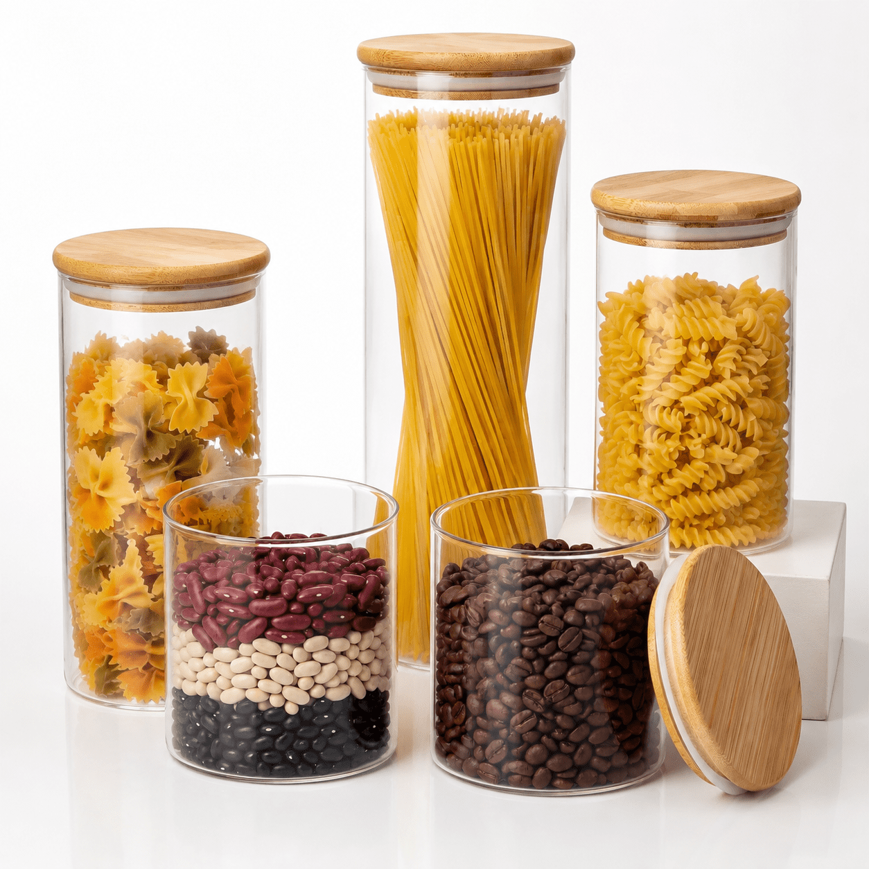 Round Glass Food Storage Jars with Lids, MultiSize 5 Pack for Pasta ...