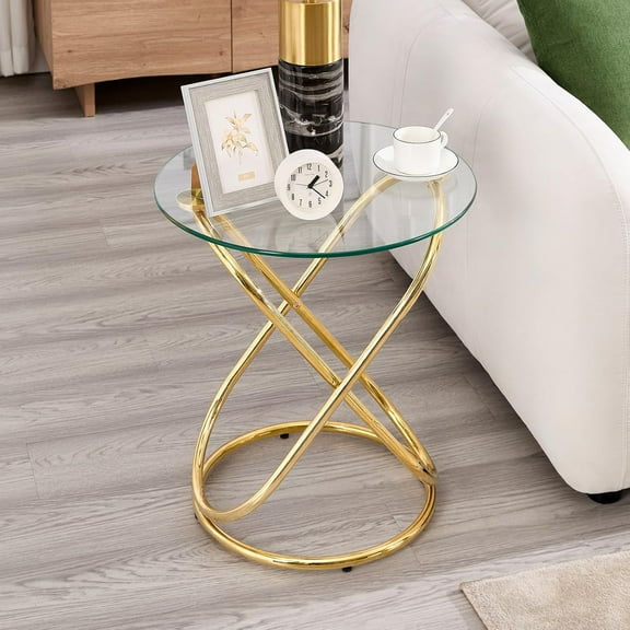 Round Glass Side Table for Living Room, Modern Glass End Table with Tempered Glass & Stainless Steel Frame Modern Accent Table for Small Space, Nightstand for Bedroom Gold
