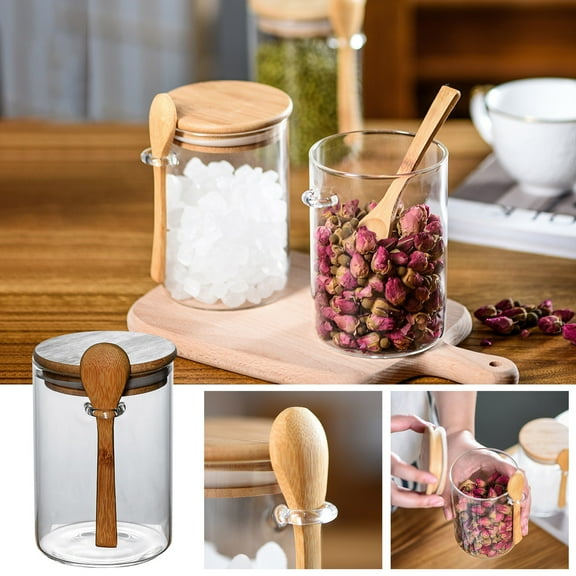 Round Glass Spice Jars Set - Kitchen Storage Containers for Sugar, Salt, Seasonings, Tea with Spoons and Sealed Lids