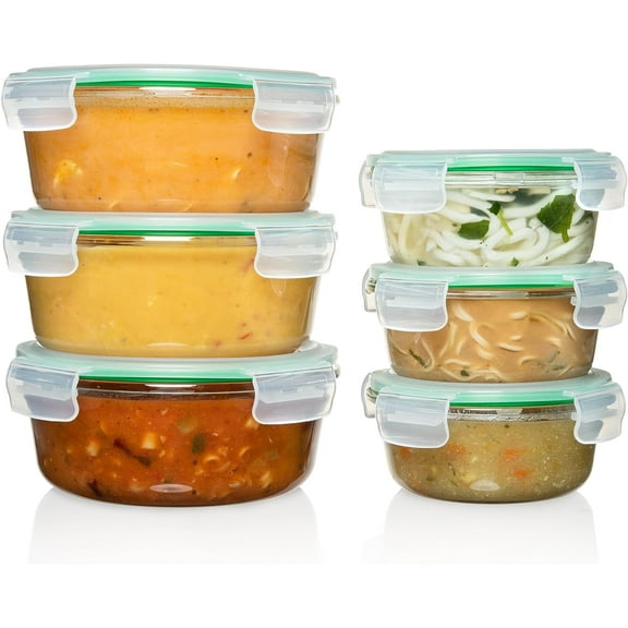 Round Glass Storage Containers with Lids 6 Pack Microwave Safe Leak Proof Dishwasher Safe Oven Safe 3 Large 3 Small