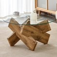 thumbnail image 1 of Round Glass Top Coffee Tables for Living Room, 33.4 Inch Rustic Farmhouse Center Table, Mid Century Circle Cocktail Table with Wood Crossed Legs, 1 of 7