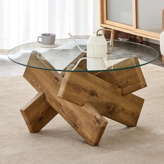 Round Glass Top Coffee Tables for Living Room, 33.4 Inch Rustic Farmhouse Center Table, Mid Century Circle Cocktail Table with Wood Crossed Legs