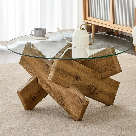 Round Glass Top Coffee Tables for Living Room, 33.4 Inch Rustic Farmhouse Center Table, Mid Century Circle Cocktail Table with Wood Crossed Legs