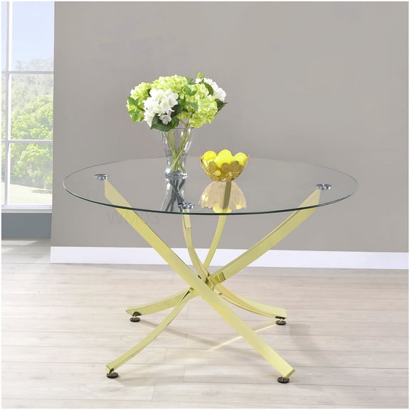 Round Glass Top Dining Table with Brass Metal Base, Clear Modern Design for Kitchen and Dining Room