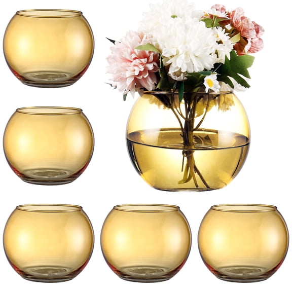 Round Glass Vases Set of 6, Amber Flower Vases for Centerpieces, Glass Bowl Vase, Small Round Vase for Living Room, Bedroom, Kitchen, Dining Table, Office, Wedding, 4 Inches