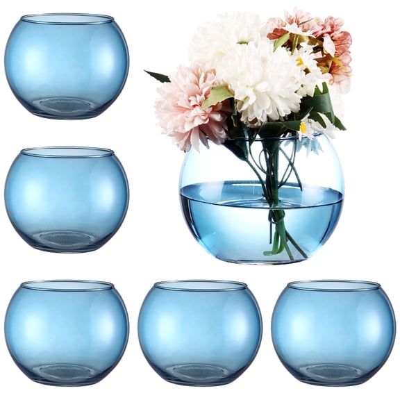 Round Glass Vases Set of 6, Blue Flower Vases for Centerpieces, Glass Bowl Vase, Small Round Vase for Living Room, Bedroom, Kitchen, Dining Table, Office, Wedding, 4 Inches