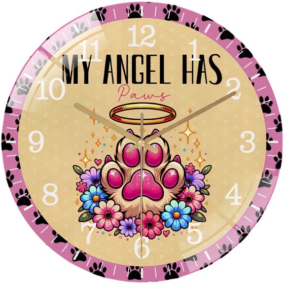 Round Glass Wall Clock, My Angel Has Paws Wreath Glass Wall Clock, Pet Lover  Wall Clock, Metal Wreath Signfor Homes, Bars, Offices, Man Caves, Garages, And Living Rooms.