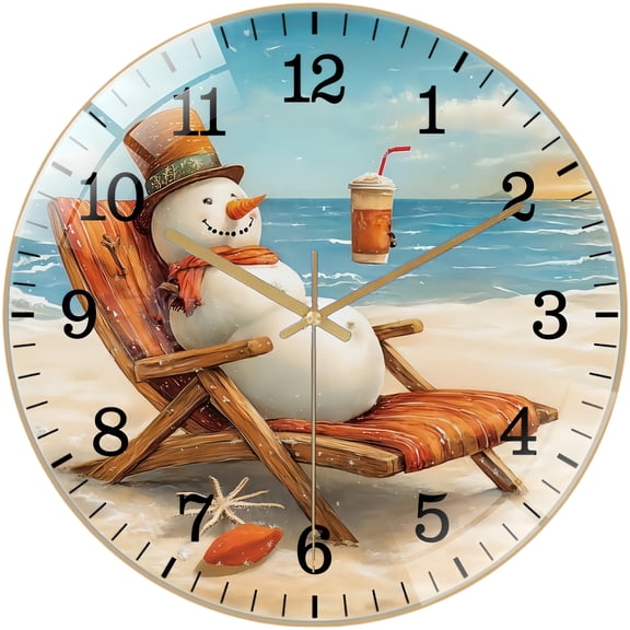 Round Glass Wall Clock, Beach Snowman Wreath Glass Wall Clock, Christmas Accent Glass Wall Clock, Holiday Wall Clock, Snowman Decoration, Beach Wreath Wall Clock Style 12×12inch(