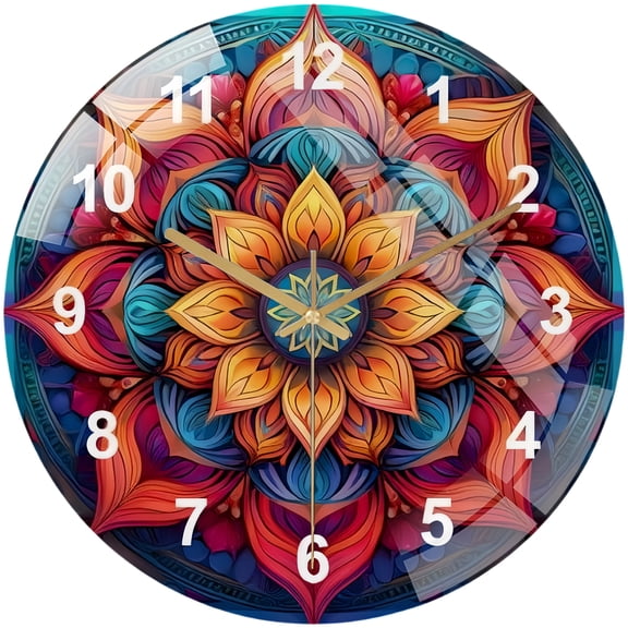 Round Glass Wall Clock, Boho Glass Wall Clock, Mandala Tempered Glass Wall Art, Warm-Toned Bohemian Gift, Unique Home & Office Decor, Stylish And Functional Style 12×12inch