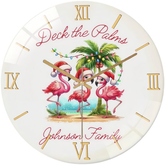 Round Glass Wall Clock, Christmas In July Ornament Glass Wall Clock, Summer Christmas Ornament Wall Clock , Tropical Family Ornament Wall Clock, Coastal Beach Christmas Decor Sty