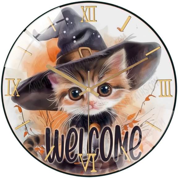 Round Glass Wall Clock, Cute Kitten Witch Wreath Glass Wall Clock from Homes, Bars, Offices, Man Caves, Garages, And Living Rooms. Also Makes A Great Gift. Style 12×12inch