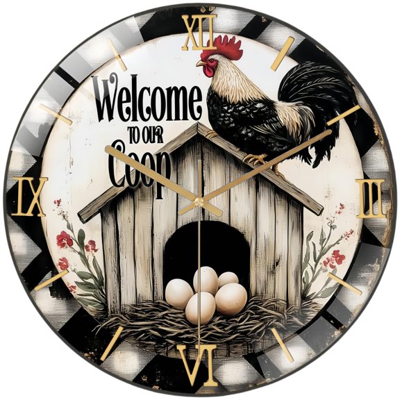 Round Glass Wall Clock, Cute Rooster Welcome to Our Coop WreathGlass Wall Clock for Homes, Bars, Offices,  Caves, Garages, And Living Rooms. Also Makes A Great Gift. Style 12×