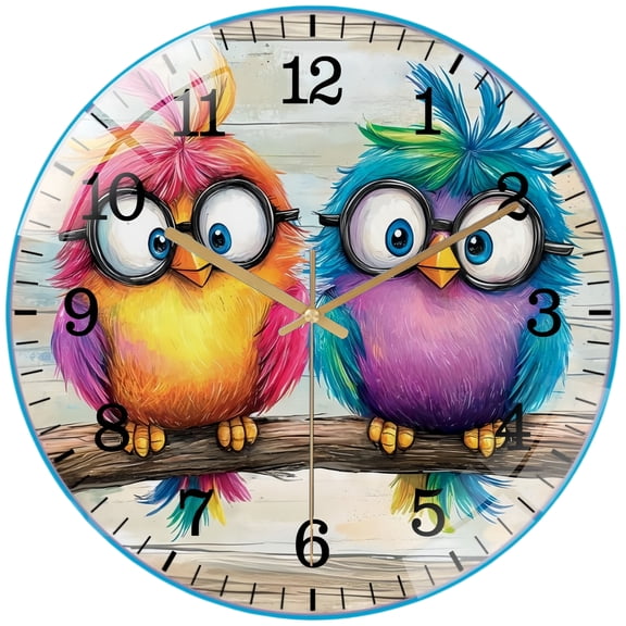 Round Glass Wall Clock, Cute Silly Colorful Birds Wearing Glasses on A Branch Wreath Glass Wall Clock, Birds Accent Wall Clock for Homes, Bars, Offices, Man Caves, Garages