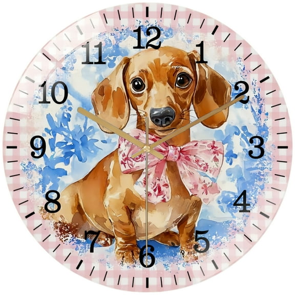 Round Glass Wall Clock, Floral Dachshund with Pink Glass Wall Clock for Homes, Bars, Offices, Man Caves, Garages, And Living Rooms. Also Makes A Great Gift.