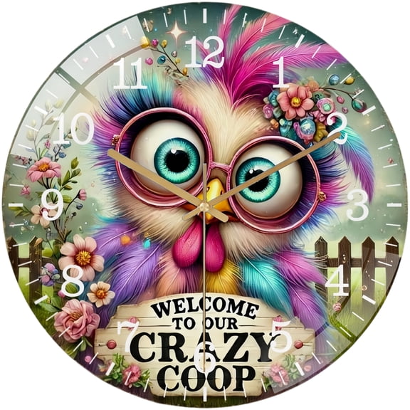 Round Glass Wall Clock, Funny Hen Welcome to Our Crazy Coop Wreath Glass Wall Clock, Colorful Wreath Glass Wall Clock, Pet Lover Wall Clock for Homes, Bars, Offices, Man Caves,