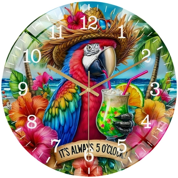 Round Glass Wall Clock, Glass Wall Clock,It's Alway-s 5 O'clock Tropical Parrot Wreath Glass Wall Clock. Style 12×12inch(30×30cm)