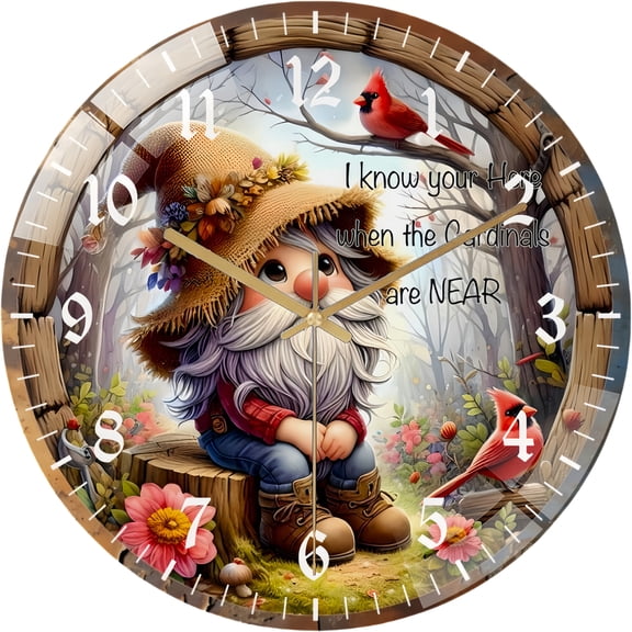 Round Glass Wall Clock, Gnome Wreath Memorial Wreath Glass Wall Clock, Cardinal Wreath Sublimation Glass Wall Clock for Homes, Bars, Offices, Caves, Garages, And Living Room