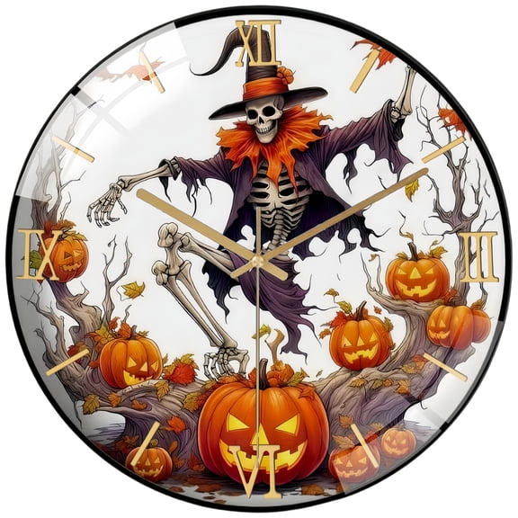 Round Glass Wall Clock, Hallo-ween Dancing Skeleton Wall Clock, Hallo-ween Decor, Fall Decor, Hallo-ween Wall Decoration, Skeleton Pumpkin Wall Decor, Hallo Ween Clock Style 12×12