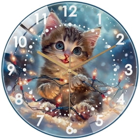Round Glass Wall Clock, Kitten Tangled in Christmas String Lights Glass Wall Clock, Cute Kitten Christmas Wall Clock for Homes, Bars, Offices, Man Caves, Garages, And Livin