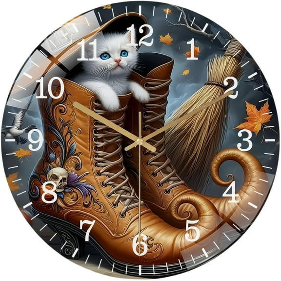 Round Glass Wall Clock, Kitty in Witch Boots Wreath Glass Wall Clock from Homes, Bars, Offices, Man Caves, Garages, And Living Rooms. Also Makes A Great Gift.
