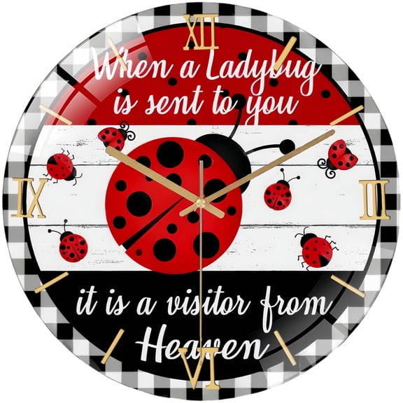 Round Glass Wall Clock, When A Ladybug Is Sent to You It's A Visitor from Heaven Wreath Wall Clock for Homes, Bars, Offices, Man Caves, Garages, And Living Rooms. Also Makes A G