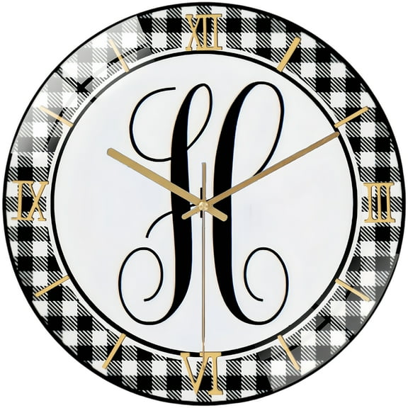 Round Glass Wall Clock,Personalized Buffalo Plaid Initial Monogram Glass Wall Clock, Farmhouse Wreath Wall Clock Rustic Wall Clock Wreath Supplies - Tiered Tray Wall Clock Style