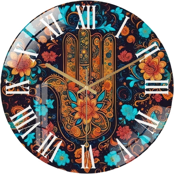 Round Glass Wall Clock, Tempered Glass Wall Clock, Boho Wall Art, Artistic Decorative Gift, Mandala Decor, Hand of Fatima Art Clock, Unique Gift Idea, Gift for Her Style 12×12inc