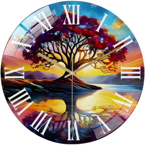 Round Glass Wall Clock, Tree of Life Wall Clock, Unique Colorful Clock, Sunset Tree Clock, Tempered Glass Wall Clock, Gift Wall Clock, Nature Art Clock,Gift for Her Style 12×12in