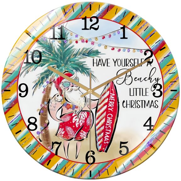Round Glass Wall Clock, Tropical Santa Wreath Glass Wall Clock, Surfing Santa Round Door Glass Wall Clock, Christmas Wall Clock, Beach Decor Style 12×12inch(30×30cm)