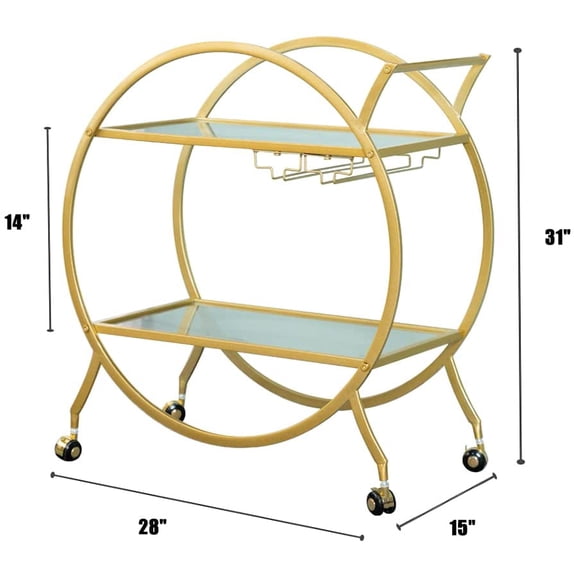 Round Gold Bar Cart 2 Mirrored Shelves Bar Serving Cart with Wheels and Glass Holder, Mobile Wine Cart for The Home/Kitchen/Club/Living Room