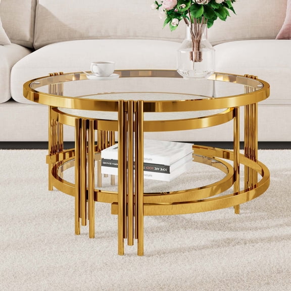 Round Gold Coffee Table Set 2-Piece, Tempered Textured Glass Modern Coffee Tables for Living Room, 32.75" Easy Clean