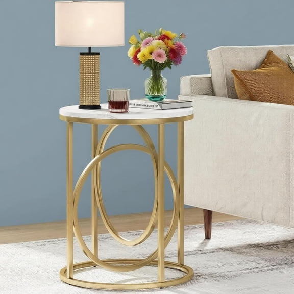 Round Gold End Table with Marble White Top, Modern Glam Side Table Nightstand, Luxury Accent Table for Living Room Bedroom, Mid Century Modern Sofa Table, Cocktail Table with Sturdy Metal Frame