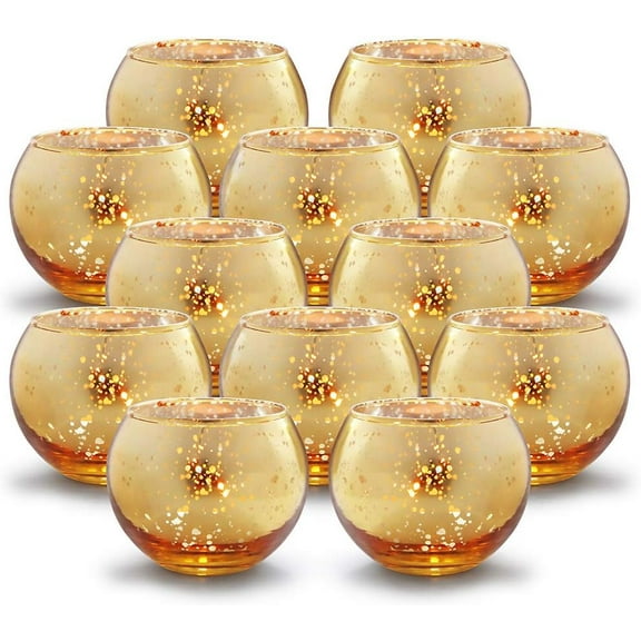 Round Gold Votive Candle Holders, Mercury Glass Candle Holder Set of 12