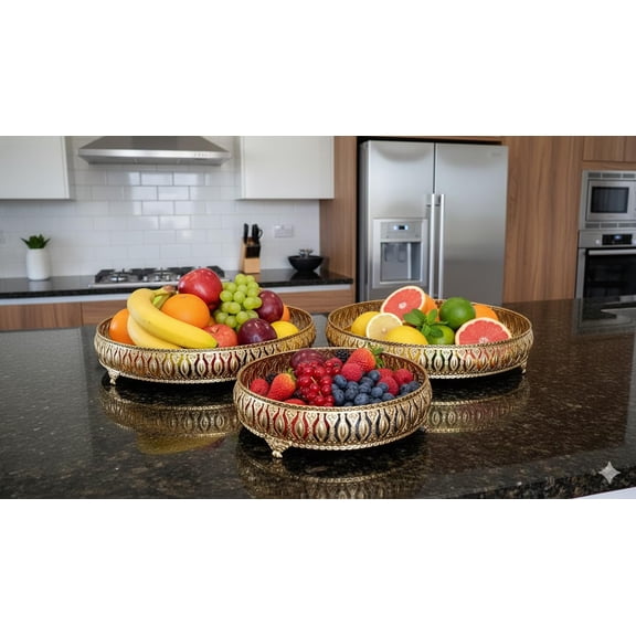 Round Golden Basket With Feet | Spray | German Tray | Decorative Tray | for Pooja | Dcor | Diwali | Anniversary | Birthday (Set of 3) Size: 12", 10" & 8" Inches