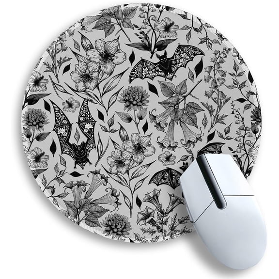 Round Goth Floral Bat Mouse Pad, Stitched Edge Non Slip Rubber Base Funny Gaming Mousepad for Computer Laptop, Gothic Desk Accessories Gifts for Women Home Office