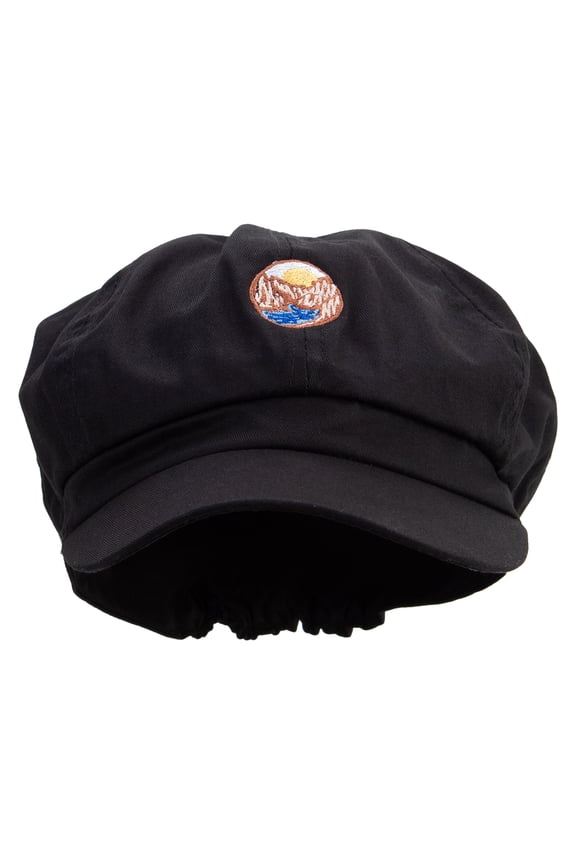 Round Grand Canyon Illustration Embroidered Cotton Elastic Big Size Newsboy Cap - Black 2XL-3XL
