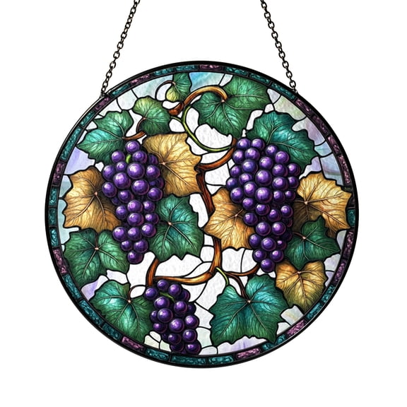Round Grape Vines Stained Glass Window Hanging, Fruit Vineyard Inspired Decor for Kitchen Spaces