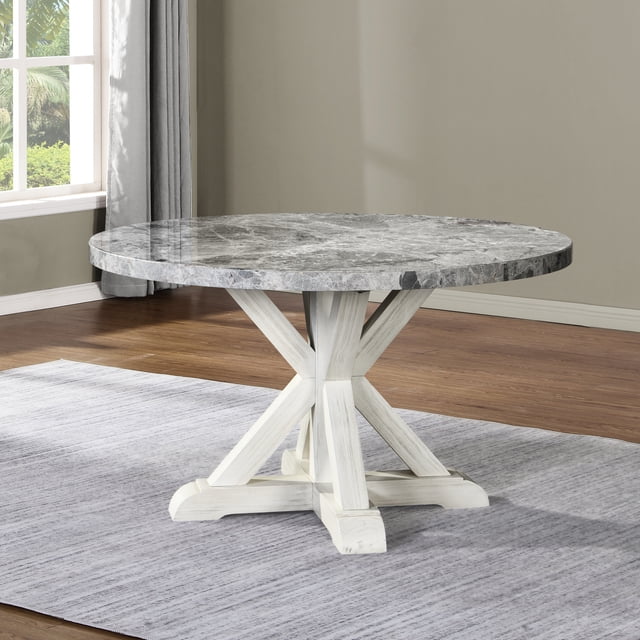Round Gray Marble Dining Table - Seats 6 People White Timber-beam Base ...