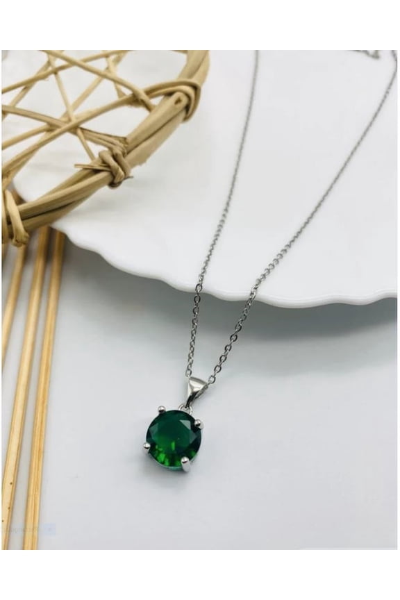 Round Green Emerald Pendant Solid Silver Chain Necklace Genuine Emerald Gemstone Pendant
