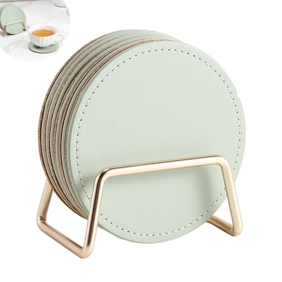 Round Green Leather Coasters Set of 6 with Stand, Topboutique 3.9 Inch Heat Insulation Pads for All Cups, Protect Tabletop from Stains & Heat for Office, Living Room, Bar