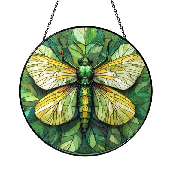 Round Green Mantis Suncatcher, Stained Glass Style Insect Window Panel, Wildlife Garden Decor Gift