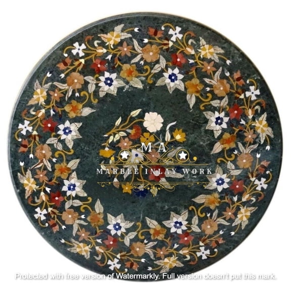 Round Green Marble Meeting Table Top with Semi-Precious Stone Inlay – Handcrafted Pietra Dura Home Decor-52 Inch