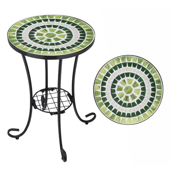 Round Green & White Mosaic Side Table, Outdoor Accent Table with Black Metal Frame, Patio End Table for Garden, Balcony, Living Room & Coffee Corner