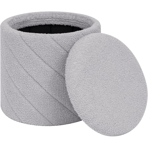 Round Grey Boucle Ottoman with Storage and Reversible Tray Lid, Folding Foot Rest Stool