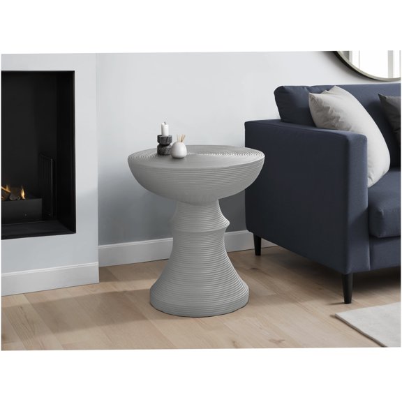 Round Grey Outdoor Side Table 25 Inch Height Magnesium Oxide for Patio and Indoor Spaces