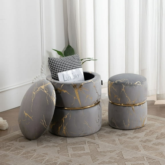 Falvinoryn Round Grey Velvet Storage Ottoman Upholstered Vanity Stool Chair Foot Rest ,Pack of 2