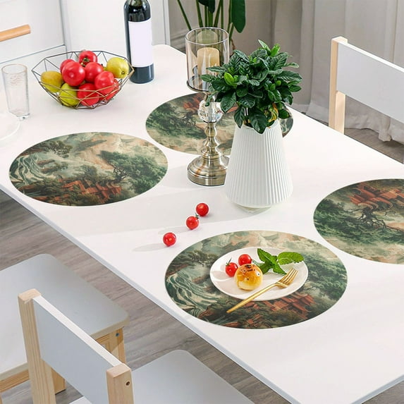 Round Grid Placemat ,One Sizex1, Round Placemat, PVC Plate Mat,15.4 Inch Non-Slip and Heat Resistant, Table Placemat, Dining Room Placemat Green Trees and Red Houses
