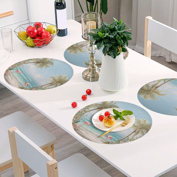 Round Grid Placemat ,One Sizex1, Round Placemat, PVC Plate Mat，15.4 Inch Non-Slip and Heat Resistant, Table Placemat, Dining Room Placemat 3d Wall Palm Trees